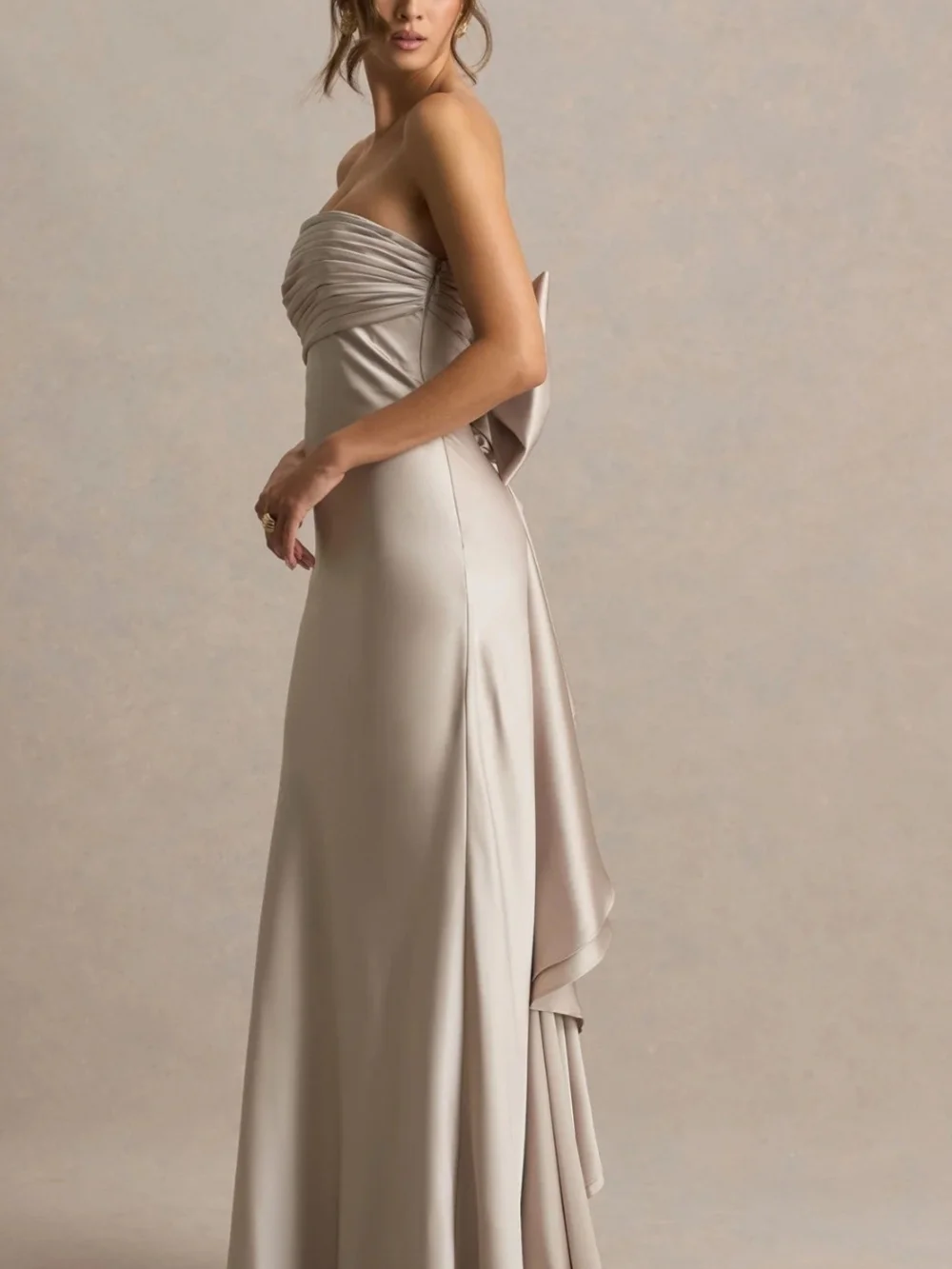 Club L London Champagne Satin Gown With Bow - Picture 3 of 6